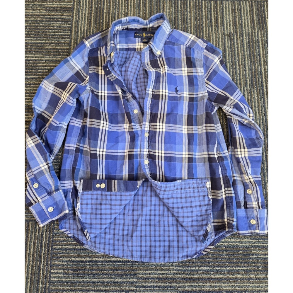 Ralph Lauren Boy's M (10-12) Long-Sleeve Blue Plaid Lined Button Down Shirt Pony